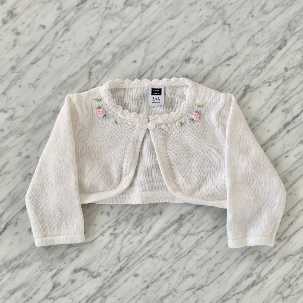 Janie and Jack White Sweater w/ Floral Detail | Baby Girl Cardigan | 3-6 Months